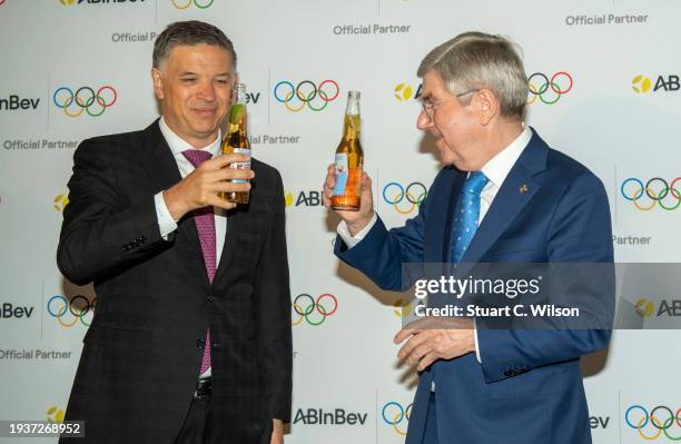 InBev CEO Michel Doukeris and IOC President Thomas Bach attend the International Olympic Committee And AB Inbev announcement for a Worldwide Olympic...