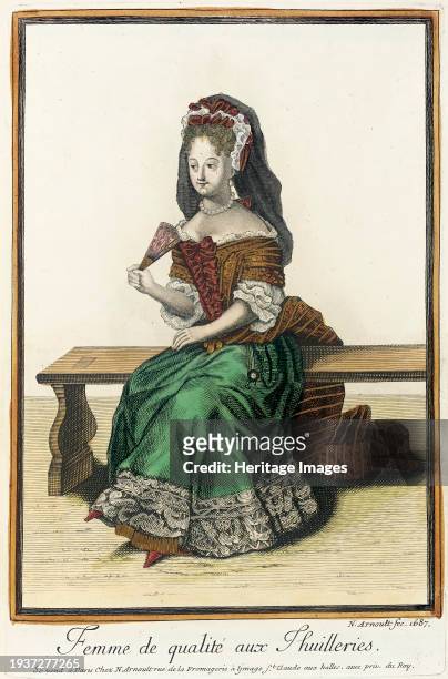 Collection of fashions of the French court, 'Femme de Qualité aux Thuilleries', 1687. Creator: Nicolas Arnoult.