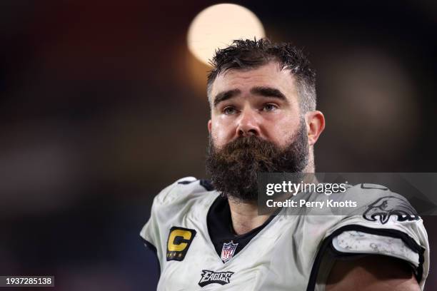 January 15: Jason Kelce of the Philadelphia Eagles stands on the sideline during the second half NFC Wild Card playoff game against the Tampa Bay...