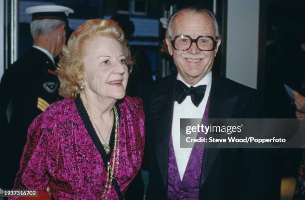 English actor Sir John Mills with his wife, actress and writer Lady Mary Hayley Bell , in London, England, circa 1986.