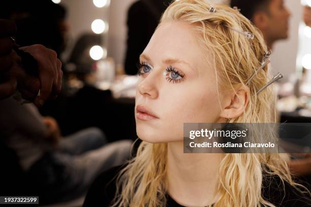 Model is seen backstage at the Dhruv Kapoor fashion show during the Milan Menswear Fall/Winter 2024-2025 on January 15, 2024 in Milan, Italy.