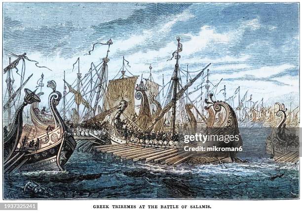 old engraved illustration of the battle of salamis - naval battle fought between an alliance of greek city-states under themistocles and the persian empire under king xerxes in 480 bc. - central greece stock pictures, royalty-free photos & images