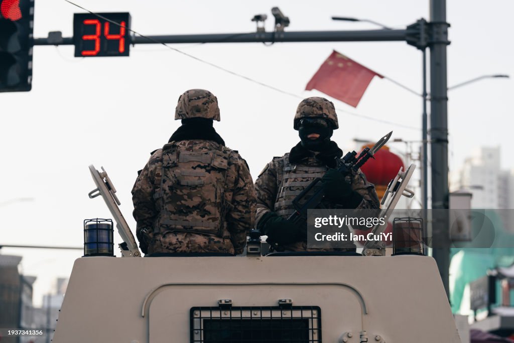 Military Presence at a Traffic Stop in Urumqi, Xinjiang, China