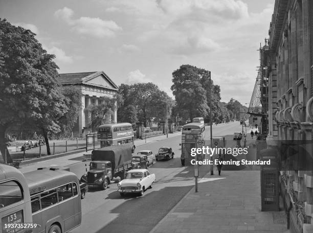 View across Brixton Hill toward St Matthew's church and public garden, London, July 25th 1956.