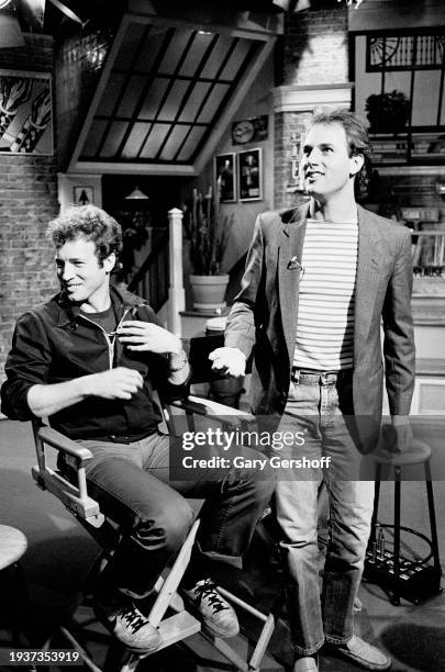 View of American Pop musicians Tommy Heath and Jim Keller, both of the band Tommy Tutone, following an interview on MTV at Teletronic Studios, New...