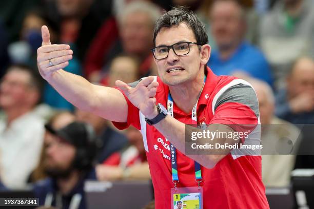 Head coach Marcin Lijewski of Poland gestures during the Men's EHF Euro 2024 preliminary round match between Poland and Faroe Islands at...