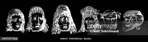 old engraved illustration of roman theatrical masks (quite large and covered the actor's entire head, they were also colour coded, brown for men and white for women) - latium stock pictures, royalty-free photos & images