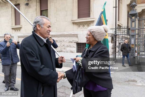 Nosipho Nausica Jean Ngcaba , South African ambassador to Italy, and Yousef Salman , leader of Palestinian Community of Rome participate in a...