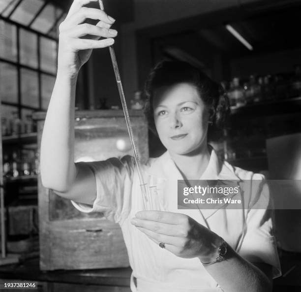 Medical student holding a long glass pipette and two test tubes at St Mary's Hospital Medical School in Paddington, London, England, October 1954.