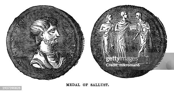 old engraved illustration of bronze medallion, inscribed salusti/vs avtor, an imaginary likeness, sometimes identified as sallustius crispus - change award stock pictures, royalty-free photos & images