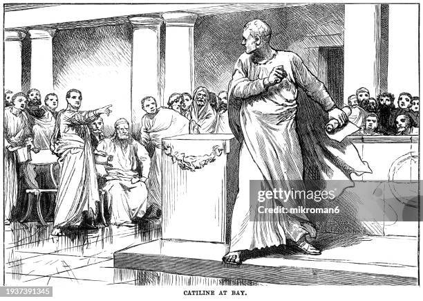 old engraved illustration of the ciceron denounces the conspirator catilina (lucius sergius catilina) (108-62 bc) on november 8, 63 bc, senate, rome - a plot, devised by the roman senator catiline to overthrow the roman republic - roma antiga imagens e fotografias de stock
