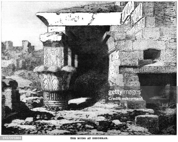 old engraved illustration of the ruins at dendera temple complex, hathor headed column, dendera temple - african queen stock pictures, royalty-free photos & images