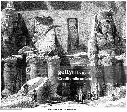 Old engraved illustration of Rock Temples at Abu Simbel, Ancient Egyptian architecture