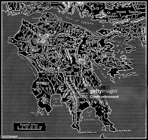 old engraved map of peloponnese peninsula in greece - central greece stock pictures, royalty-free photos & images