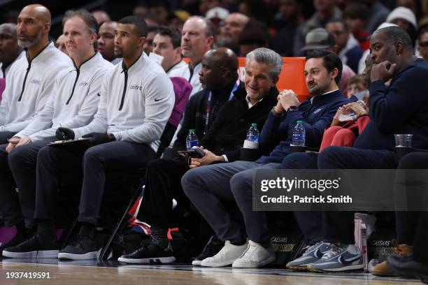 Of Monumental Sports & Entertainment Ted Leonsis watches the Detroit Pistons play against the Washington Wizards during the first half at Capital One...