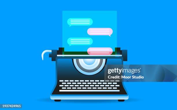 stockillustraties, clipart, cartoons en iconen met typewriter with chatbot text bubbles vector illustration - merknaam platform voor online messaging
