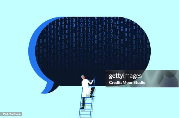 bildbanksillustrationer, clip art samt tecknat material och ikoner med scientist researching chatbot message vector illustration - artificiellt neuronnät