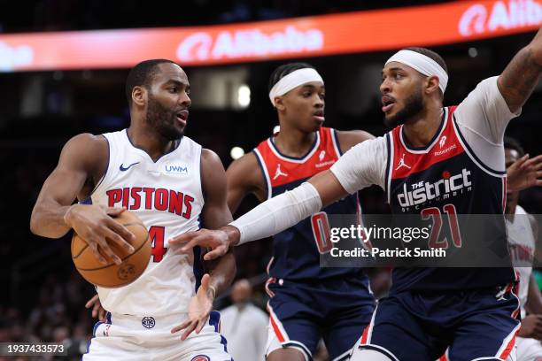 Alec Burks of the Detroit Pistons dribbles against the Washington Wizards during the second half at Capital One Arena on January 15, 2024 in...