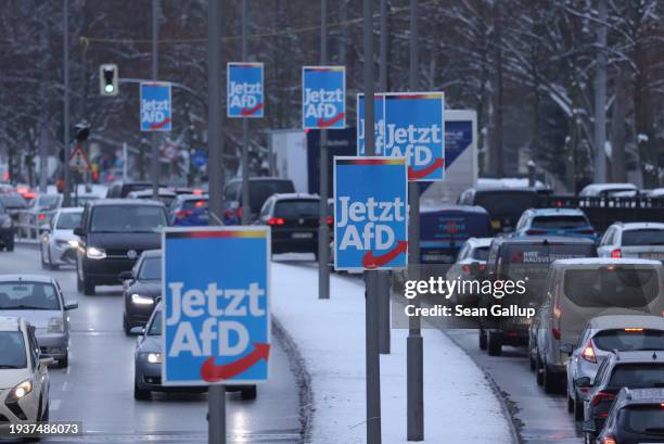 Cars drive past election campaign posters of the far-right Alternative for Germany political party ahead of a partial redo of the 2021 German federal...