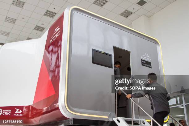 Train engineers seen near the Indonesian High-Speed Train Simulator at Tegalluar High-Speed Train Depot.PT Kereta Cepat Indonesia China provides the...