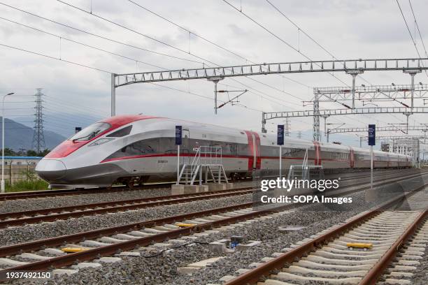 Electric Multiple Unit train arrives at Tegalluar High Speed Train depot. Since its commencement on October 17 the Jakarta-Bandung High-Speed Train...