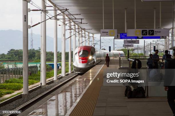 Electric Multiple Unit train arrives at Tegalluar High Speed Train Station. Since its commencement on October 17 the Jakarta-Bandung High-Speed Train...