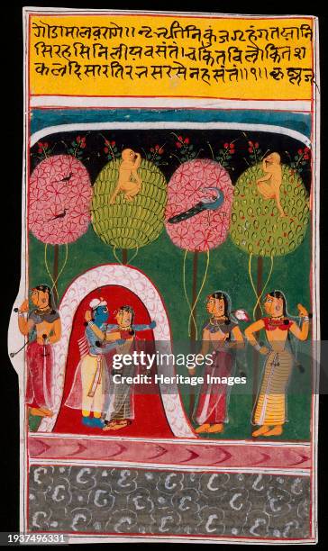 Radha and Krishna Embracing in a Bower, Folio from a Gita Govinda , circa 1605 or later. Creator: Unknown.