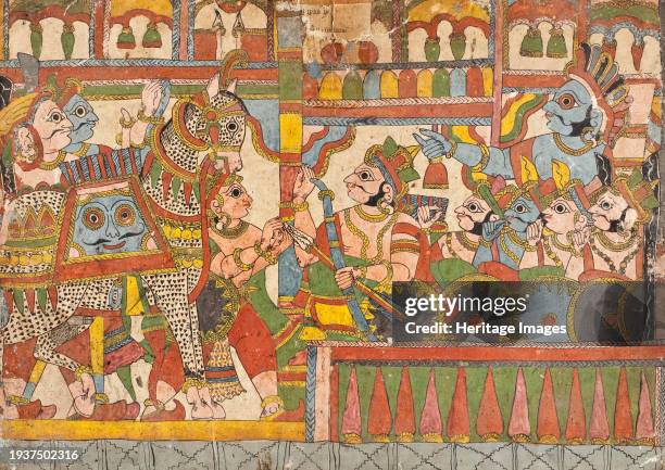 Babhruvahana Surrenders the Sacrificial Horse Syamakarna to His Father Arjuna , Scenes from the Story of Babhruvahana, Folio from a Mahabharata ,...