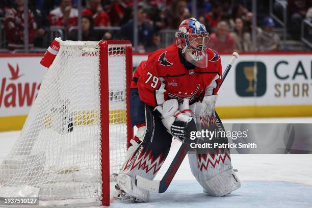 Charlie Lindgren of the Washington Capitals tends the net against the New York Rangers during the third period at Capital One Arena on January 13,...