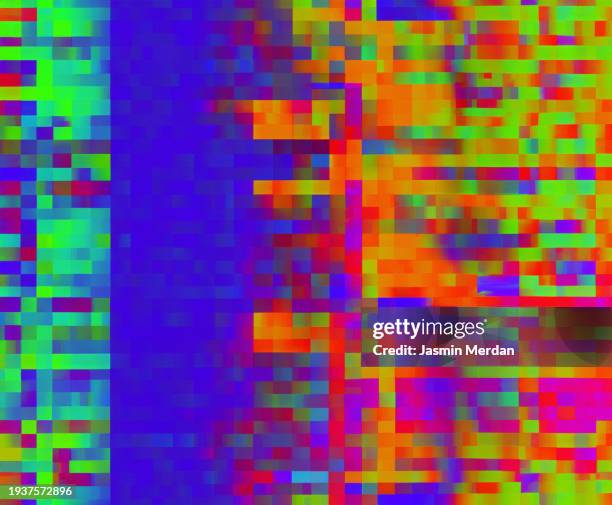 motion glitch interlaced pixelated multicolored rainbow distorted textured futuristic background - bosnian rainbows stock pictures, royalty-free photos & images