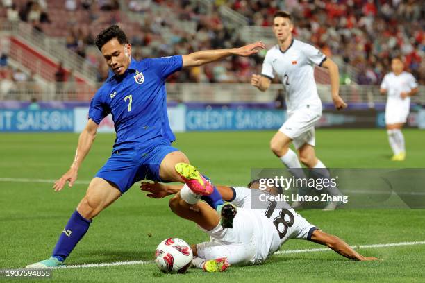 Supachok Sarachat of Thailand and Kayrat Zhyrgalbek of Kyrgyzstan compete for the ball during the AFC Asian Cup Group F match between Thailand and...