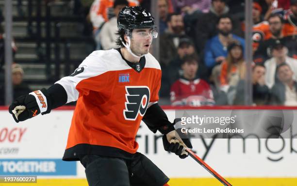 Jamie Drysdale of the Philadelphia Flyers skates against the Montreal Canadiens at the Wells Fargo Center on January 10, 2024 in Philadelphia,...
