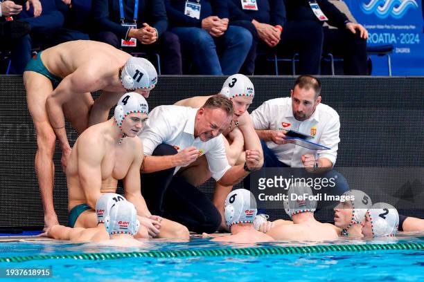 Time out HUngary with Head coach Zsolt Varga of Hungary, Zoltan Pohl of Hungary, goalkeeper Mark Banyai of Hungary, David Marcell Tatrai of Hungary,...