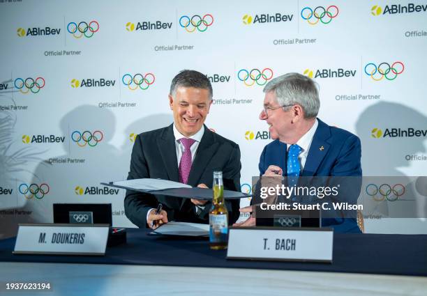 InBev CEO Michel Doukeris and IOC President Thomas Bach attend the International Olympic Committee And AB Inbev announcement for a Worldwide Olympic...