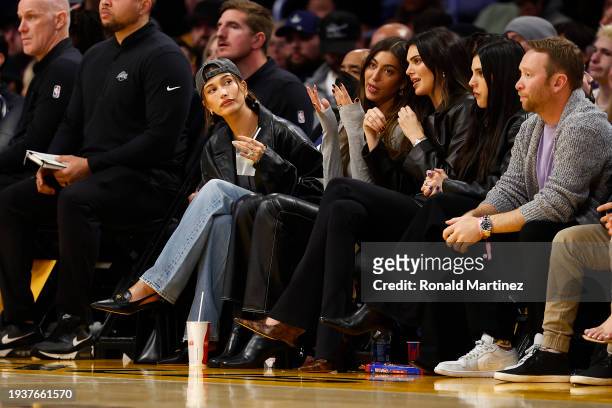 Hailey Bieber, Sarah Staudinger, Kendall Jenner and Lauren Perez during a NBA game between the Oklahoma City Thunder and the Los Angeles Lakers at...
