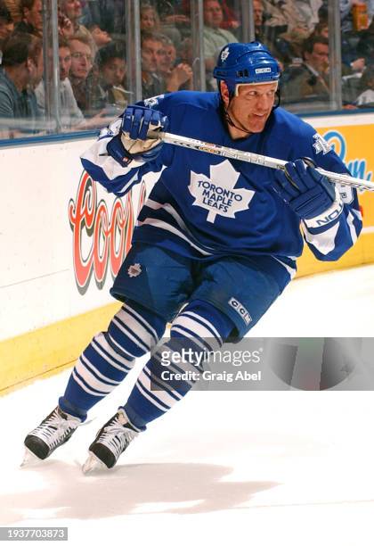 Calle Johansson of the Toronto Maple Leafs skates against the Atlanta Thrashers during NHL game action on March 29, 2004 at Air Canada Centre in...