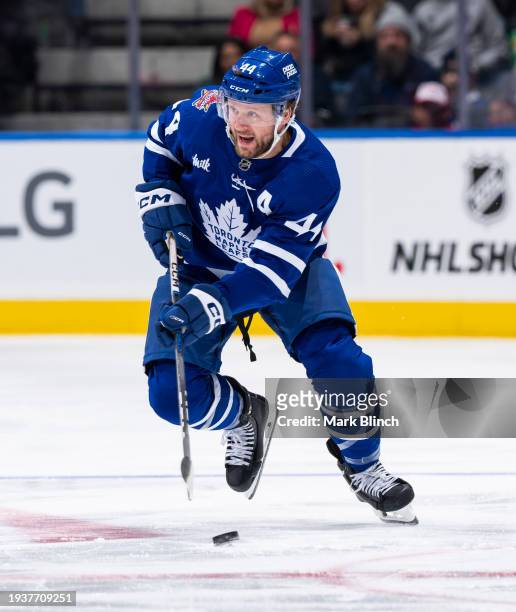 Morgan Rielly of the Toronto Maple Leafs skates against the Detroit Red Wings during the first period at Scotiabank Arena on January 14, 2024 in...