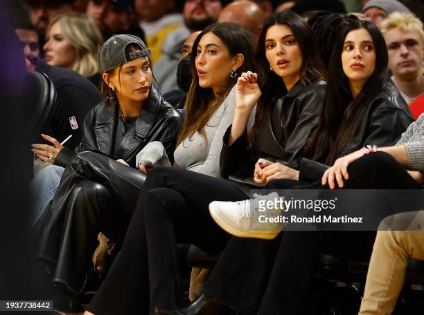 Hailey Bieber, Sarah Staudinger, Kendall Jenner and Lauren Perez during a NBA game between the Oklahoma City Thunder and the Los Angeles Lakers at...