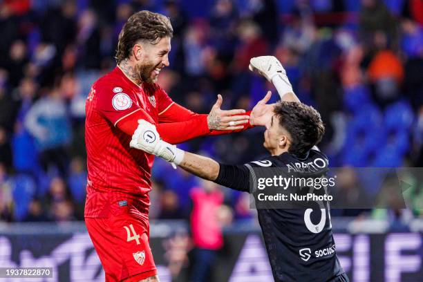 Sergio Ramos and Alberto Sanchez Flores of Sevilla FC are celebrating after winning the match during the La Copa del Rey match between Getafe and...