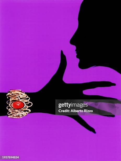 Collage shows the silhouette of a hand, with a Piaget cuff watch on the wrist, and the profile of an unidentified model , seen against a purple...