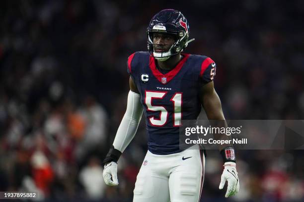 Will Anderson Jr. #51 of the Houston Texans lines up during an NFL wild-card playoff football game against the Cleveland Browns at NRG Stadium on...