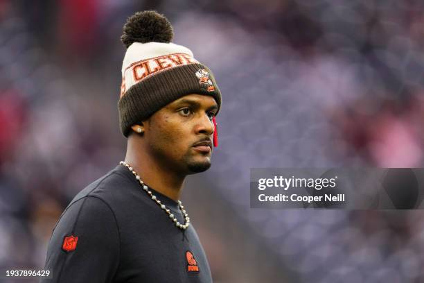 Deshaun Watson of the Cleveland Browns warms up prior to an NFL wild-card playoff football game against the Houston Texans at NRG Stadium on January...