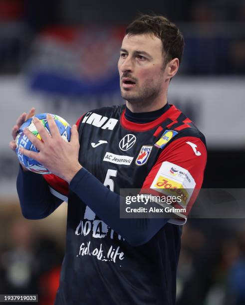 Domagoj Duvnjak of Croatia in action during the Men's EHF Euro 2024 preliminary round match between Croatia and Romania at SAP Arena on January 16,...