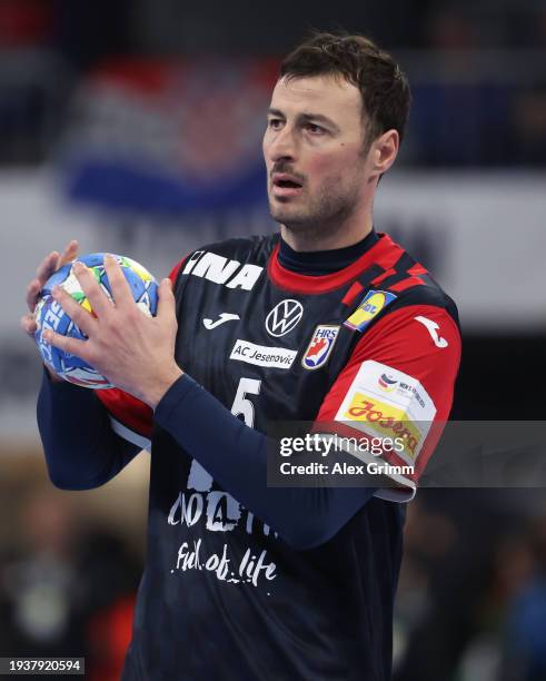 Domagoj Duvnjak of Croatia in action during the Men's EHF Euro 2024 preliminary round match between Croatia and Romania at SAP Arena on January 16,...