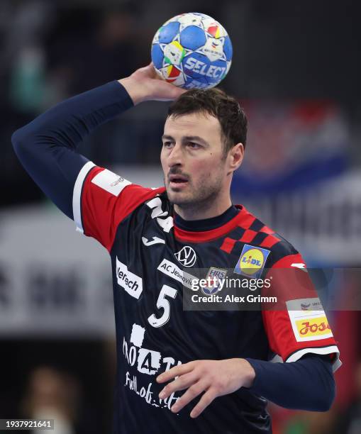 Domagoj Duvnjak of Croatia in action during the Men's EHF Euro 2024 preliminary round match between Croatia and Romania at SAP Arena on January 16,...