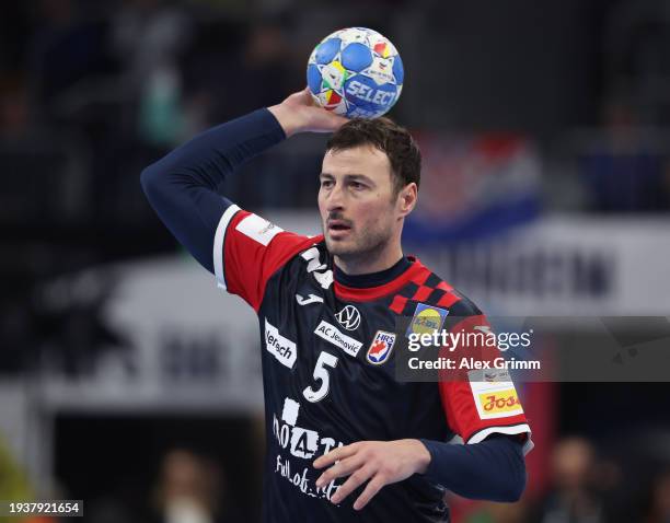 Domagoj Duvnjak of Croatia in action during the Men's EHF Euro 2024 preliminary round match between Croatia and Romania at SAP Arena on January 16,...