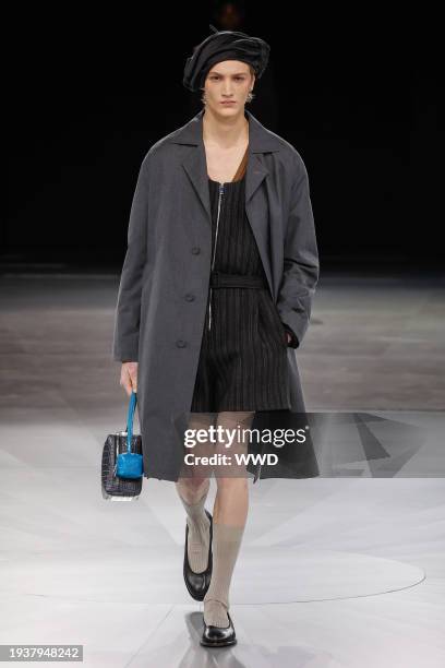 Model on the runway at Dior Men's Fall 2024 as part of Paris Men's Fashion Week held at École Militaire on January 19, 2024 in Paris, France.