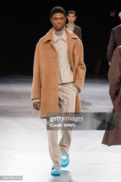 Model on the runway at Dior Men's Fall 2024 as part of Paris Men's Fashion Week held at École Militaire on January 19, 2024 in Paris, France.