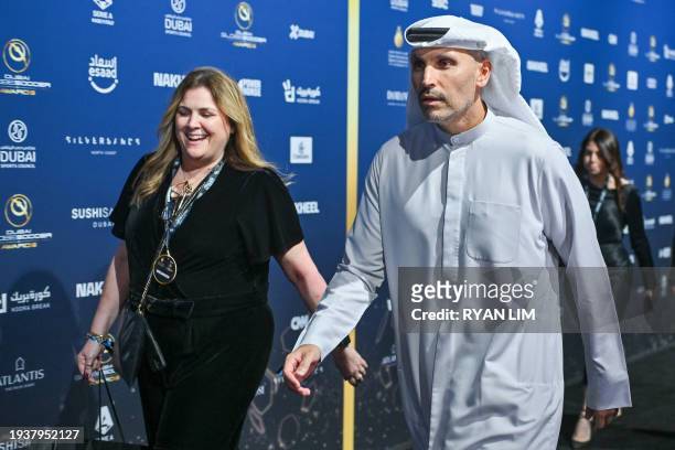 Manchester City chairman Khaldoon al-Mubarak arrives to attend the 14th edition of the Globe Soccer Awards in the Gulf Emirate of Dubai on January...