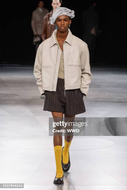 Model on the runway at Dior Men's Fall 2024 as part of Paris Men's Fashion Week held at École Militaire on January 19, 2024 in Paris, France.